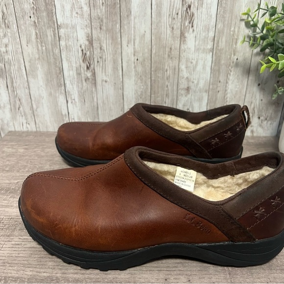 L.L. Bean Brown Leather Loafers Slip-Ons Shearling Lined 6 - Picture 3 of 7